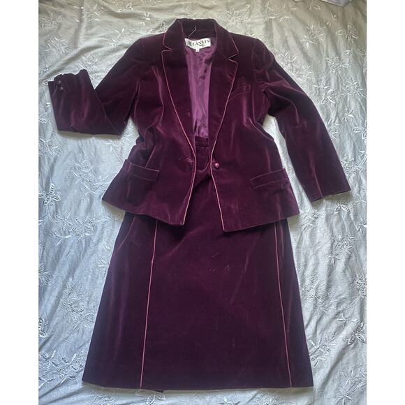 LANVIN Paris Vintage Skirt Jacket Women Suit Size 40 Velvet Velour Burgundy S,M - Picture 1 of 16